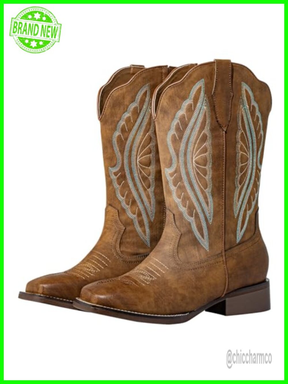 Extra Wide Calf Cowboy Boots Square Toe Pull On Faux Leather Womens Mid Calf